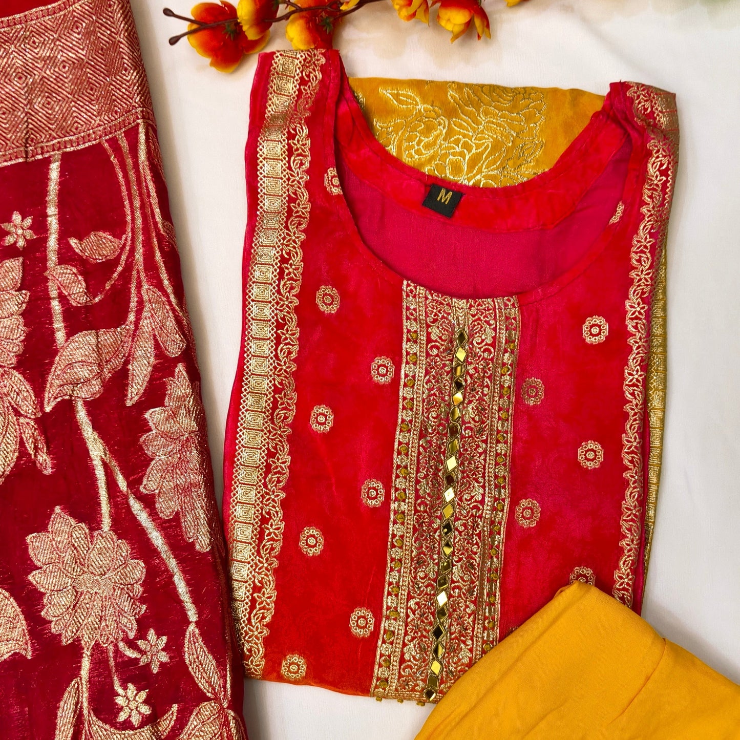 Premium Pure Crepe Yellowish Red Suit