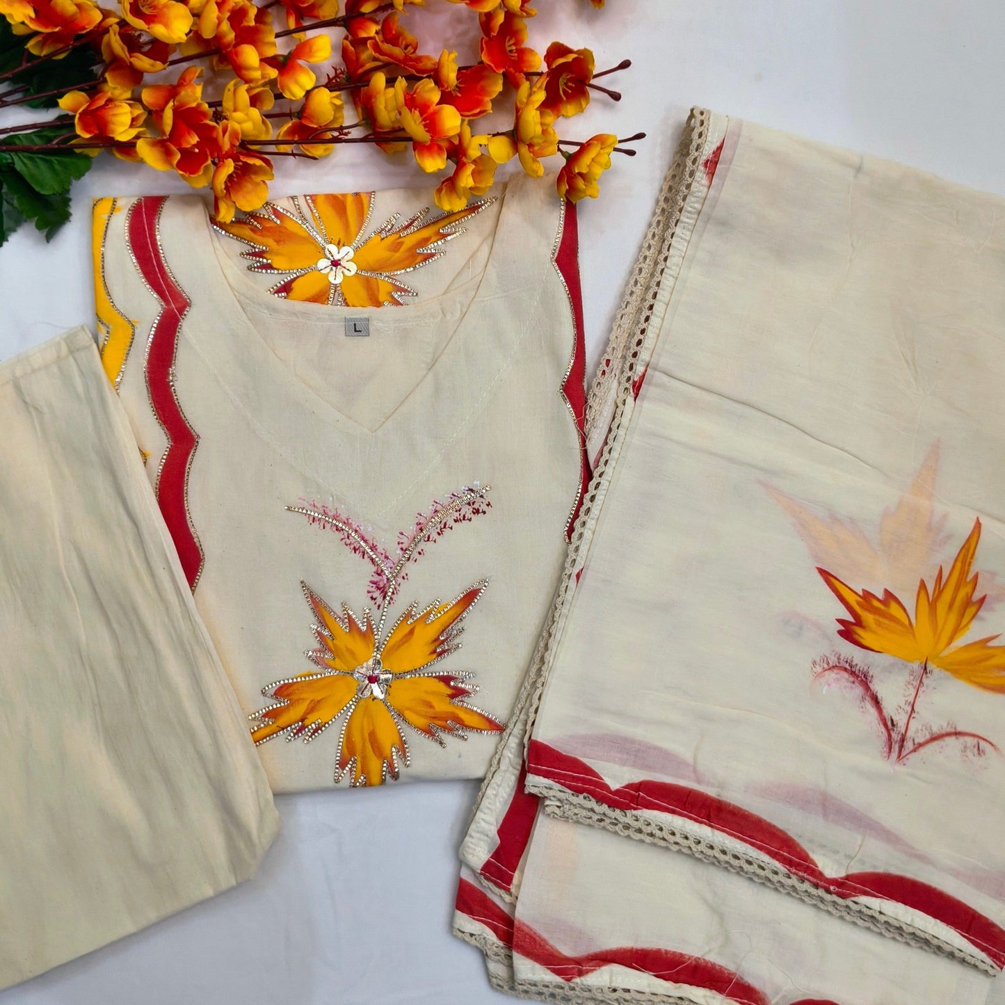 Hand Brush Painted Salwar Suit with Beautiful Flowers with Gold Borders