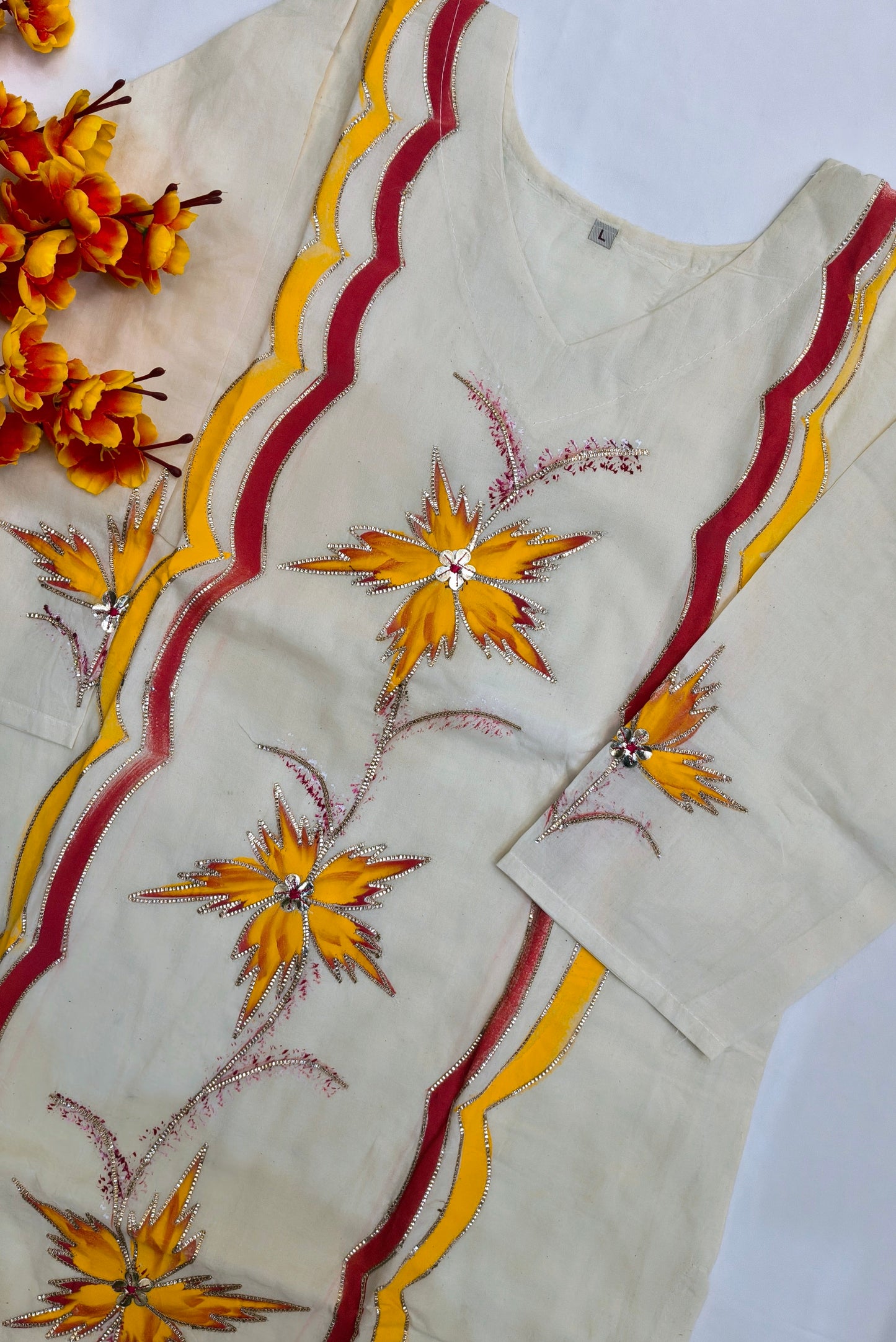 Hand Brush Painted Salwar Suit with Beautiful Flowers with Gold Borders