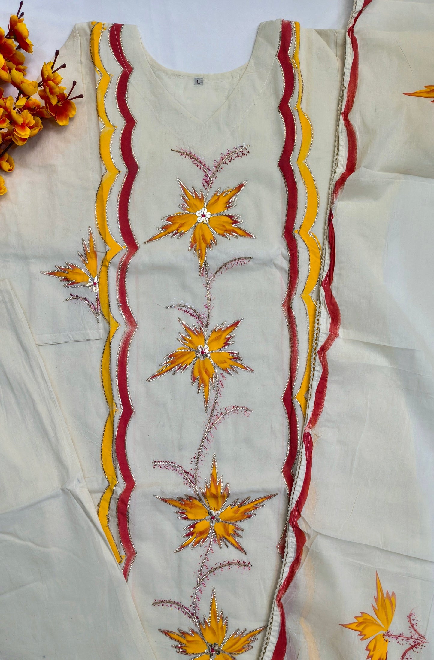 Hand Brush Painted Salwar Suit with Beautiful Flowers with Gold Borders