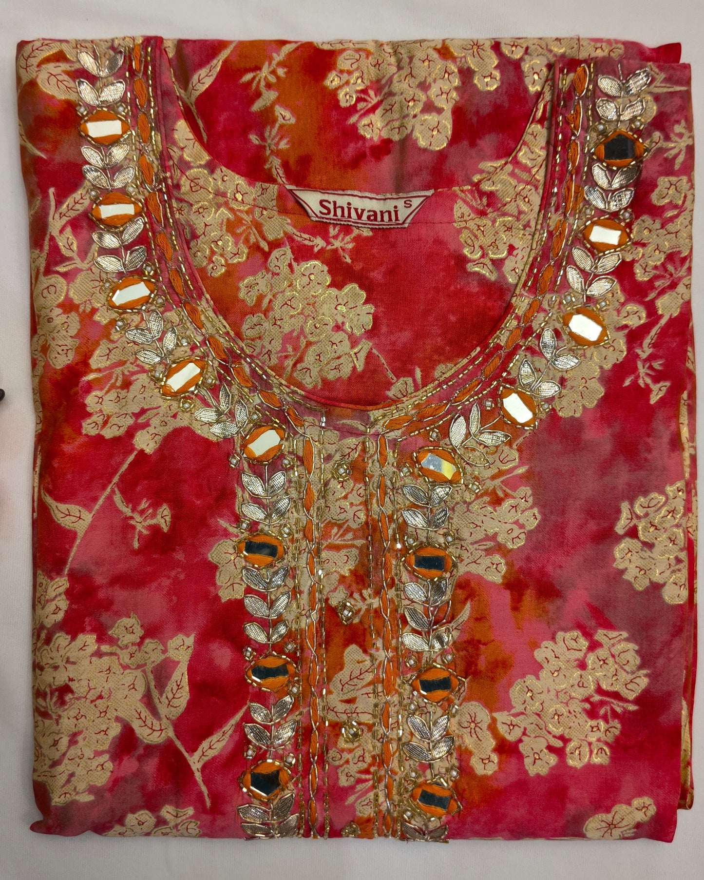Botanical Pattern Pink and Orange Ombre Shade Mirror Work Suit