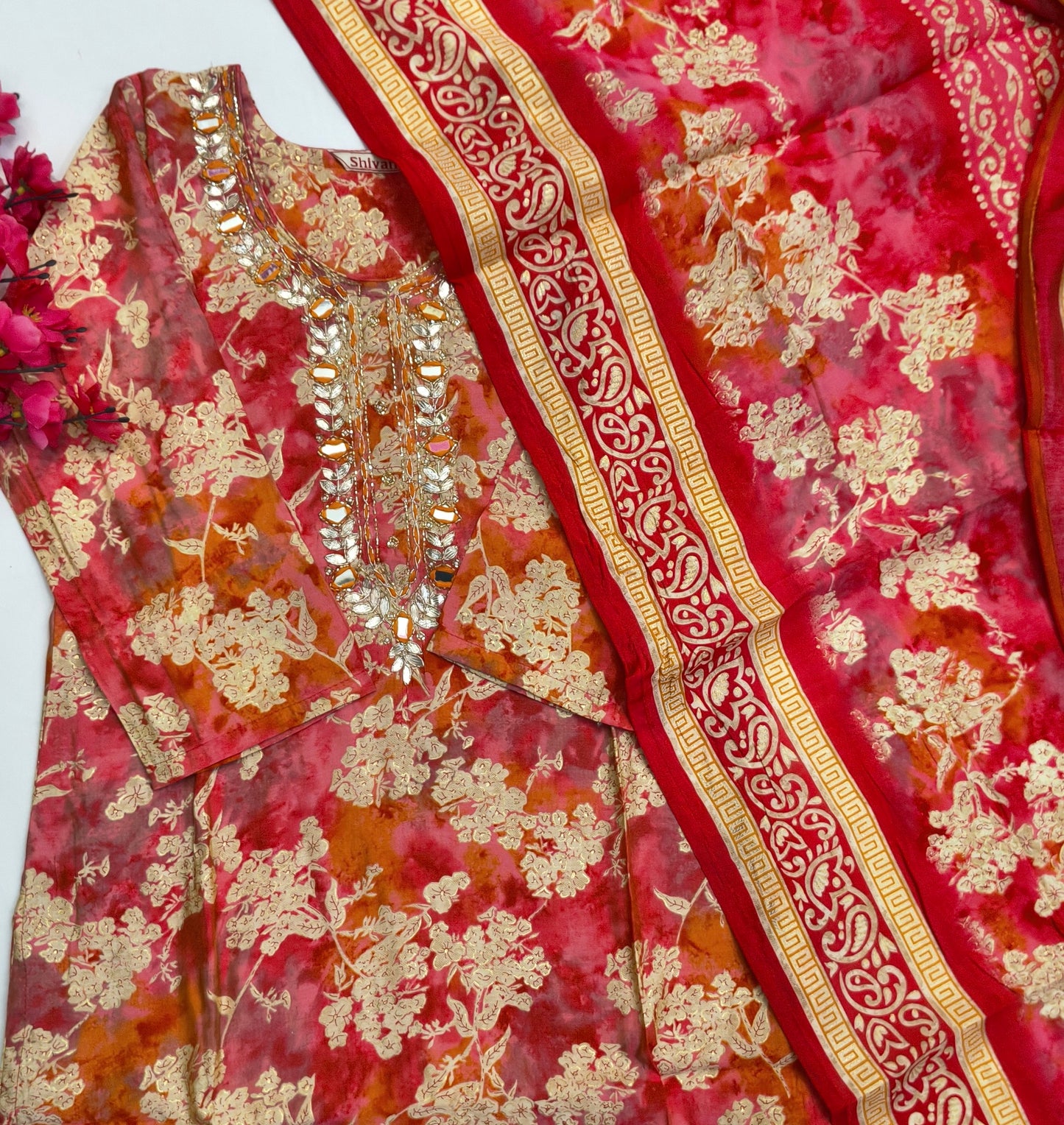 Botanical Pattern Pink and Orange Ombre Shade Mirror Work Suit