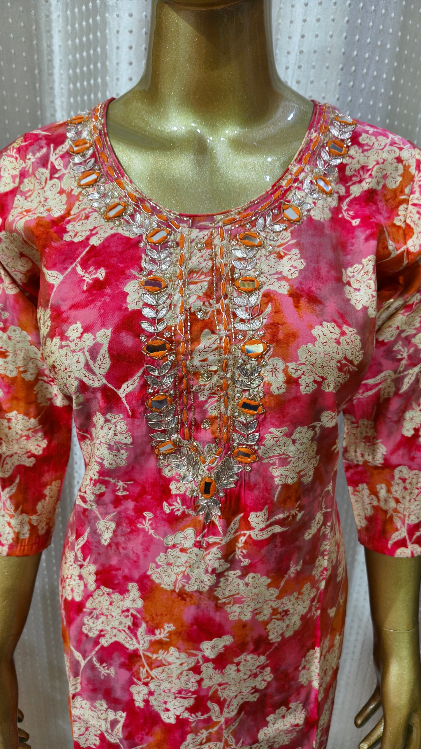 Botanical Pattern Pink and Orange Ombre Shade Mirror Work Suit