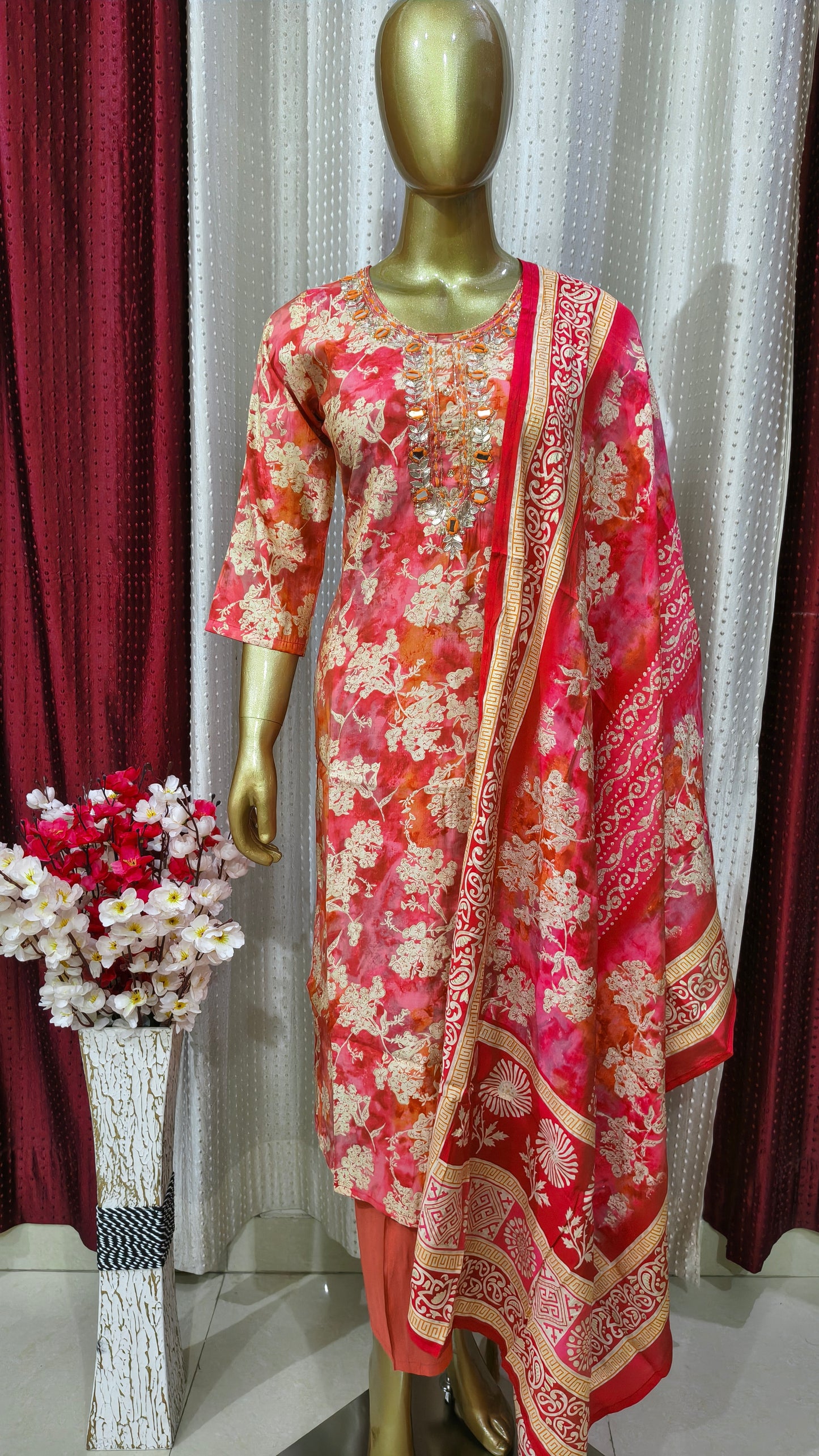 Botanical Pattern Pink and Orange Ombre Shade Mirror Work Suit
