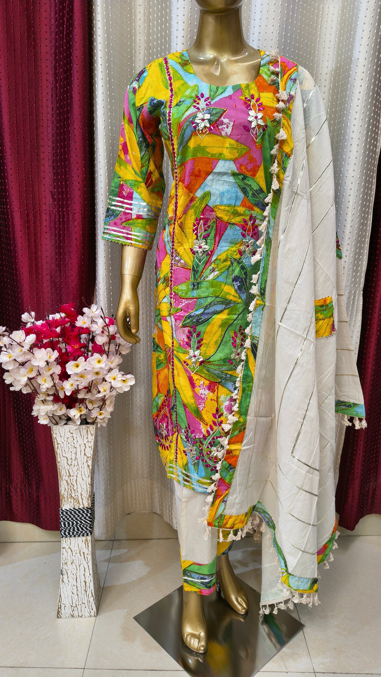 Premium Beautiful Rani Multicolour Handed design Cotton Suit