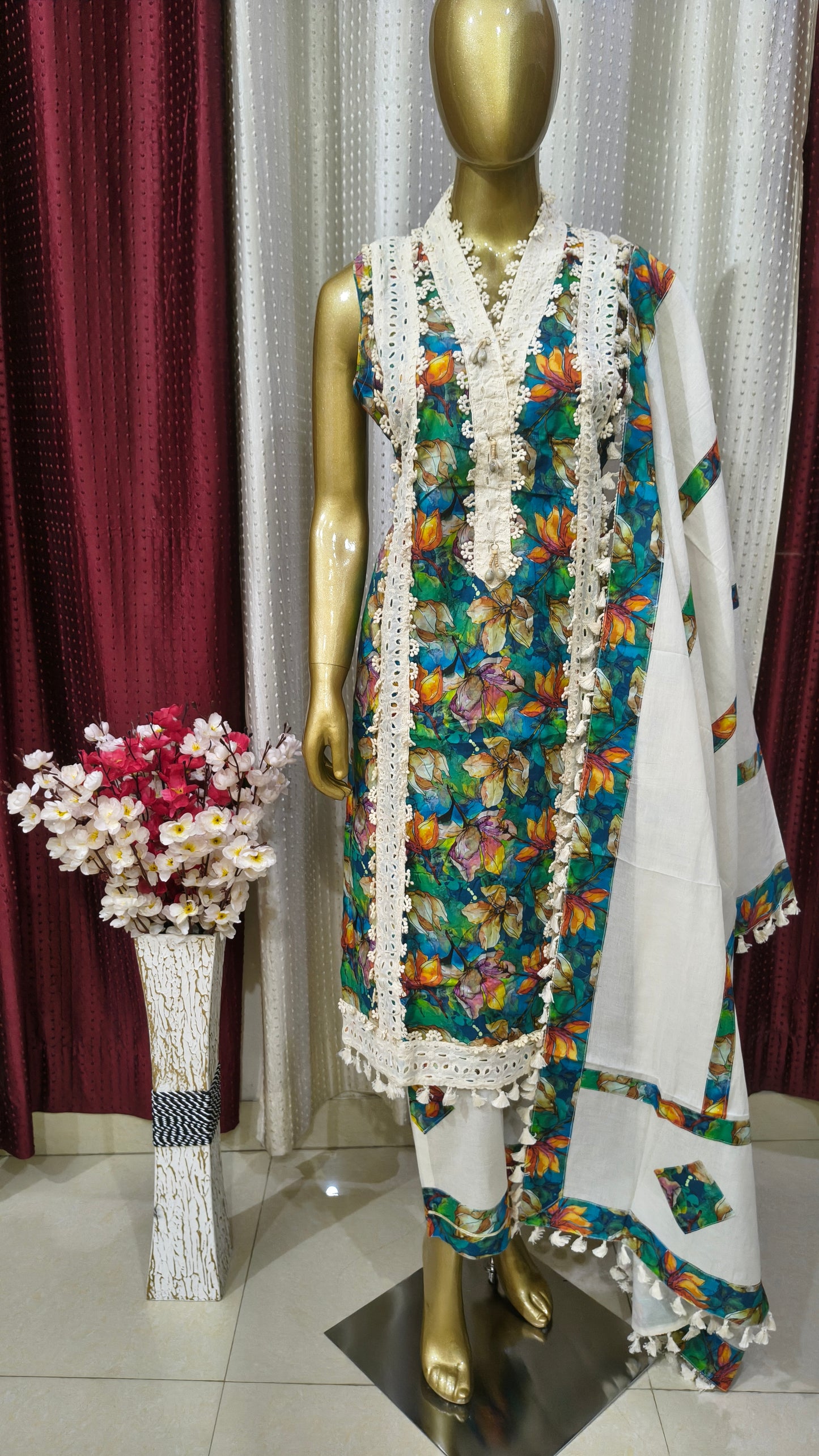 Beautiful Heavy Embroidery Work Anarkali with Anarkali Side Slit Pattern Designer Cotton Anarkali Suit with Ramagreen Colour