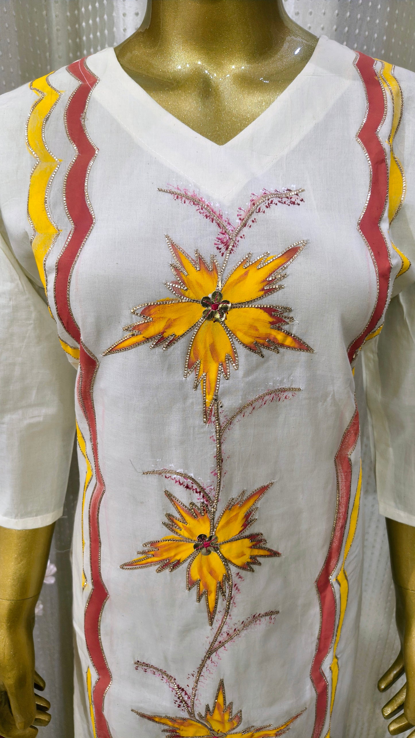 Hand Brush Painted Salwar Suit with Beautiful Flowers with Gold Borders
