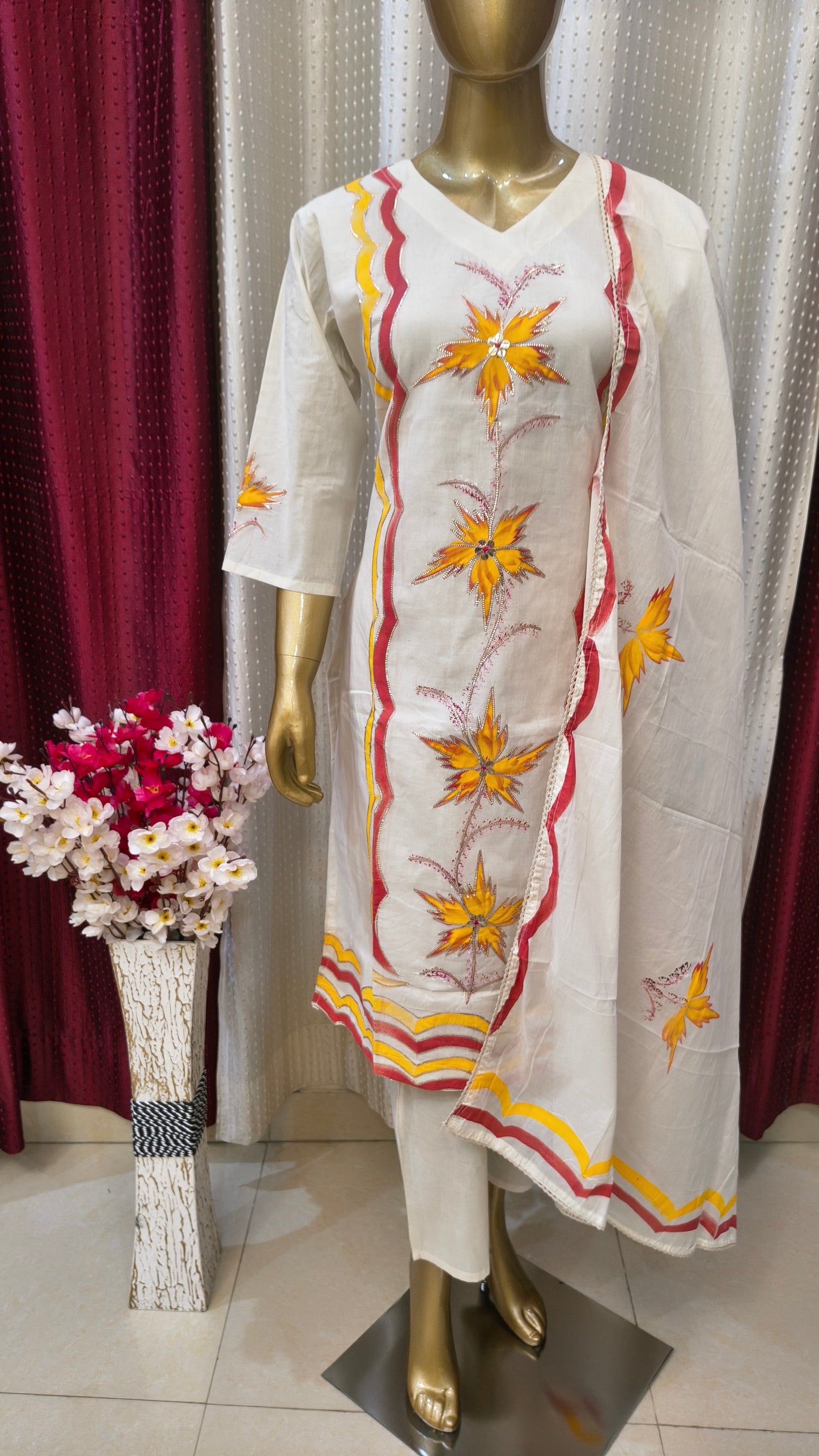 Hand Brush Painted Salwar Suit with Beautiful Flowers with Gold Borders