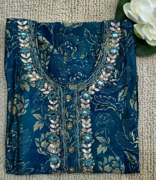 Botanical Pattern Blue Floral Print with Beautiful Embroidery Mirror work Suit