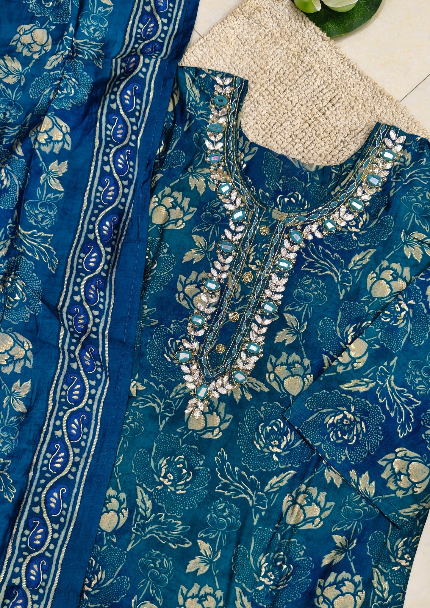 Botanical Pattern Blue Floral Print with Beautiful Embroidery Mirror work Suit