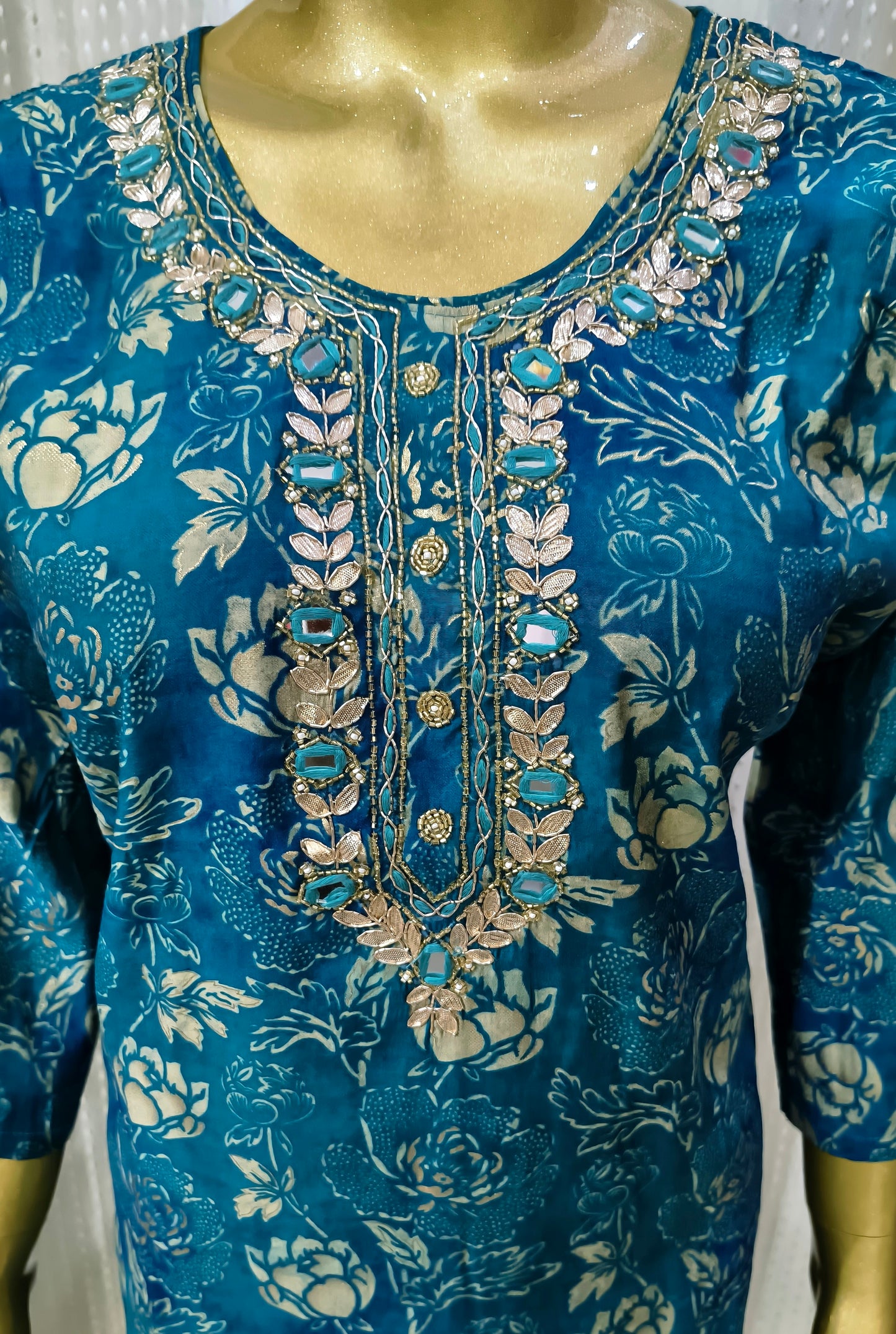 Botanical Pattern Blue Floral Print with Beautiful Embroidery Mirror work Suit