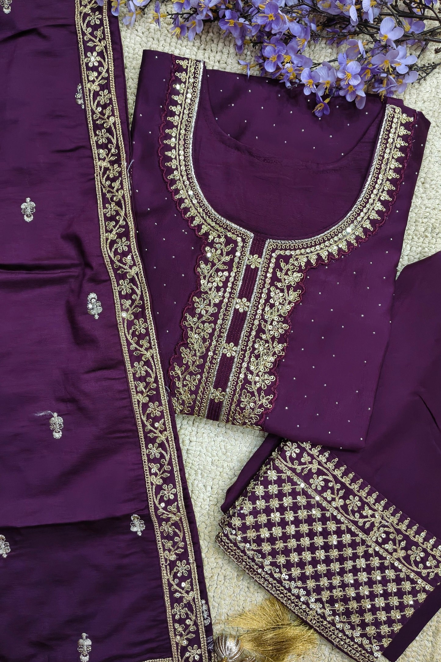 Womens Beautiful Wine Fully Embroidered Suit with Dupatta & Pant