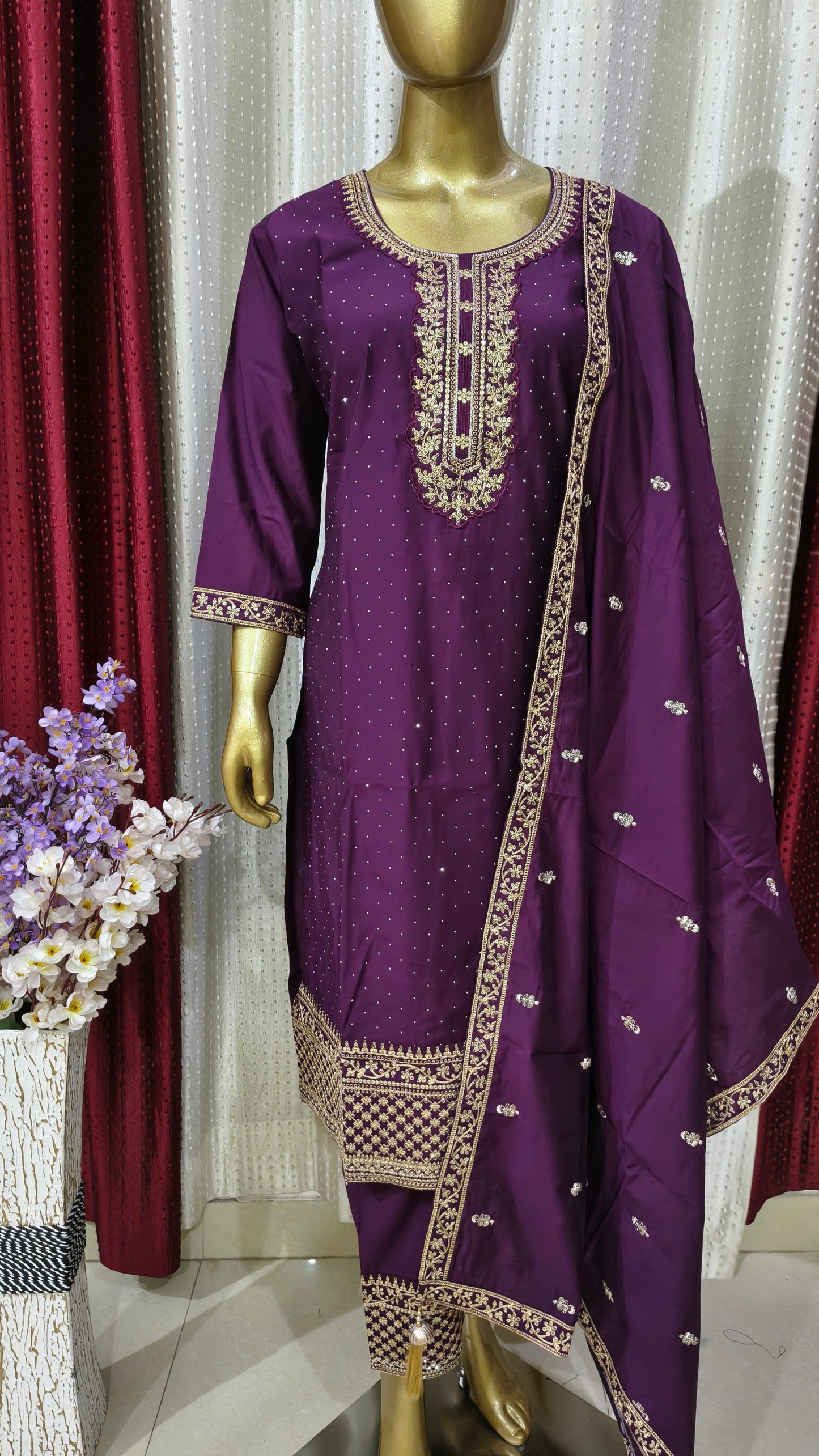 Womens Beautiful Wine Fully Embroidered Suit with Dupatta & Pant