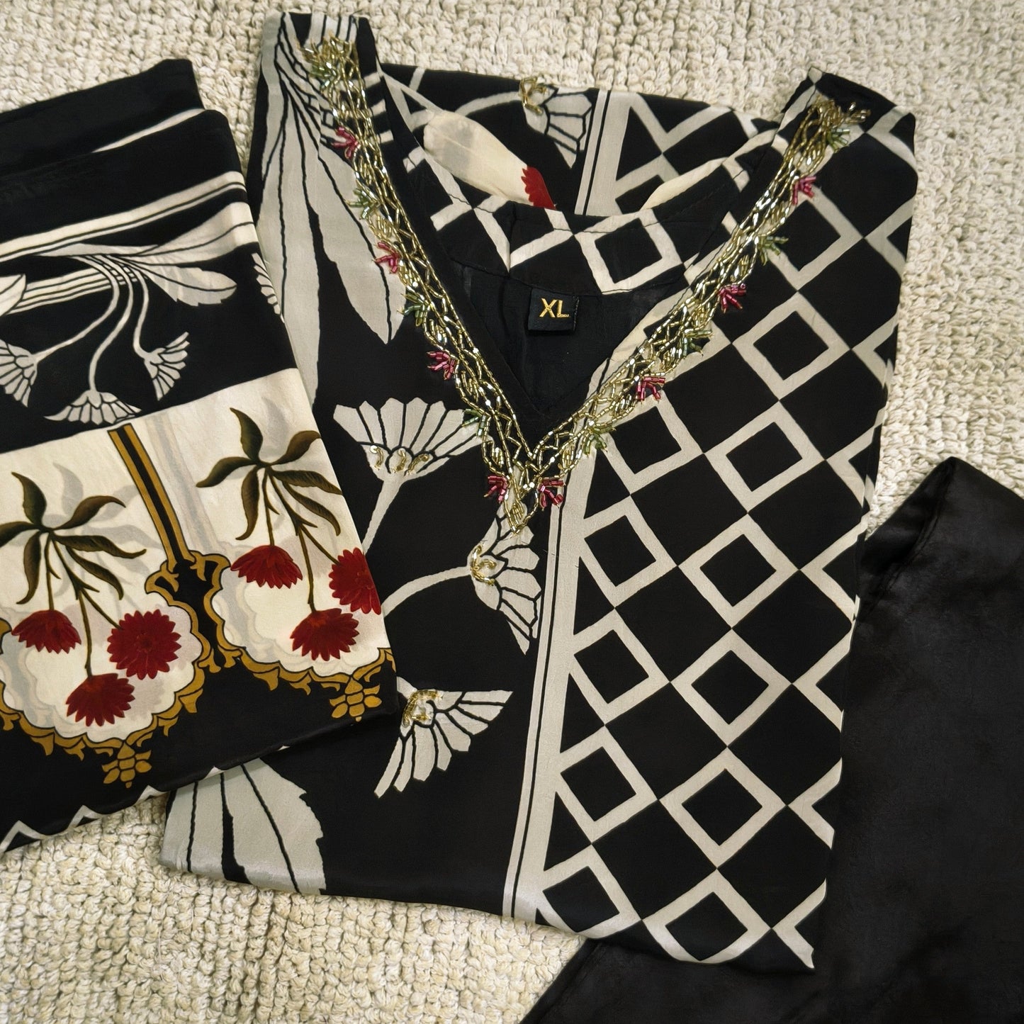 Beautiful Crepe Set with Unique Printed Design and Hand work