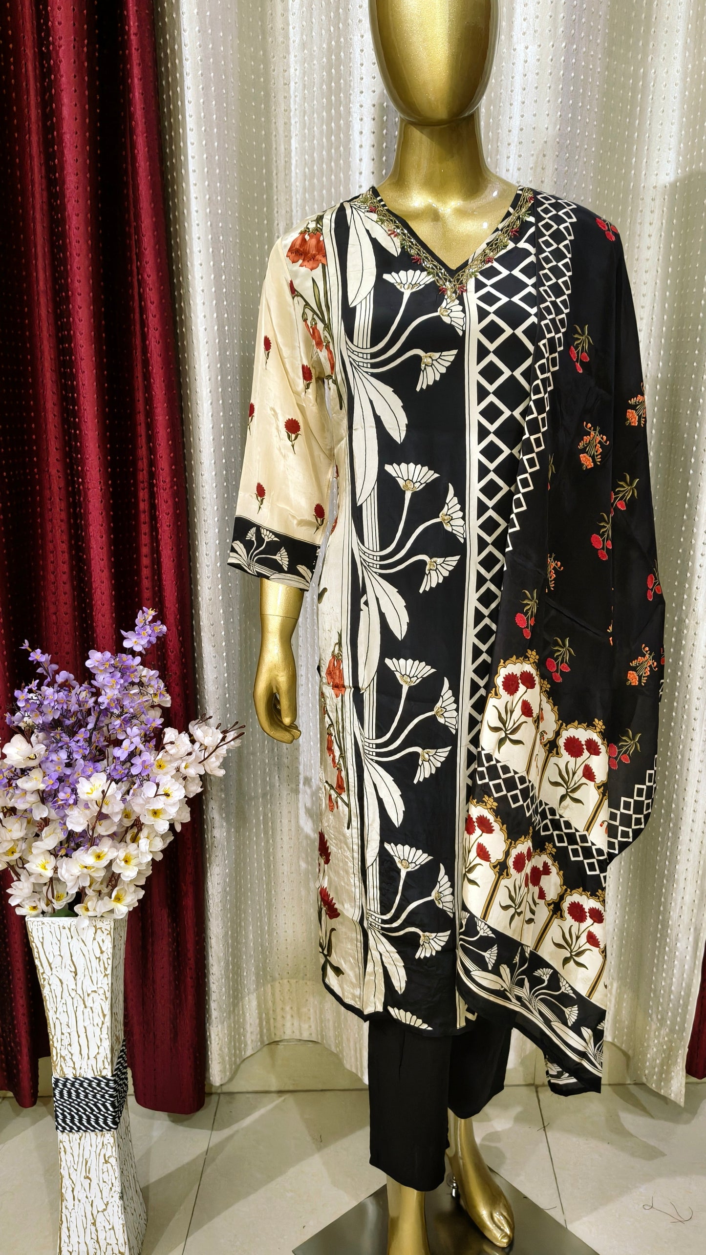 Beautiful Crepe Set with Unique Printed Design and Hand work