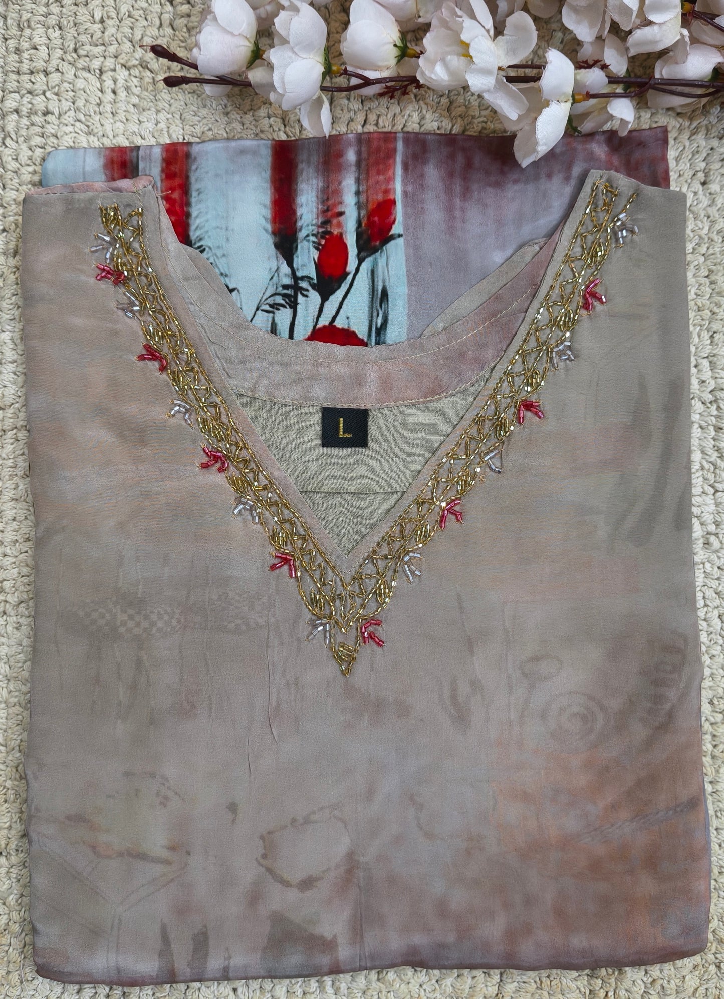 Beautiful Crepe Set with Printed Unique Design and Hand work