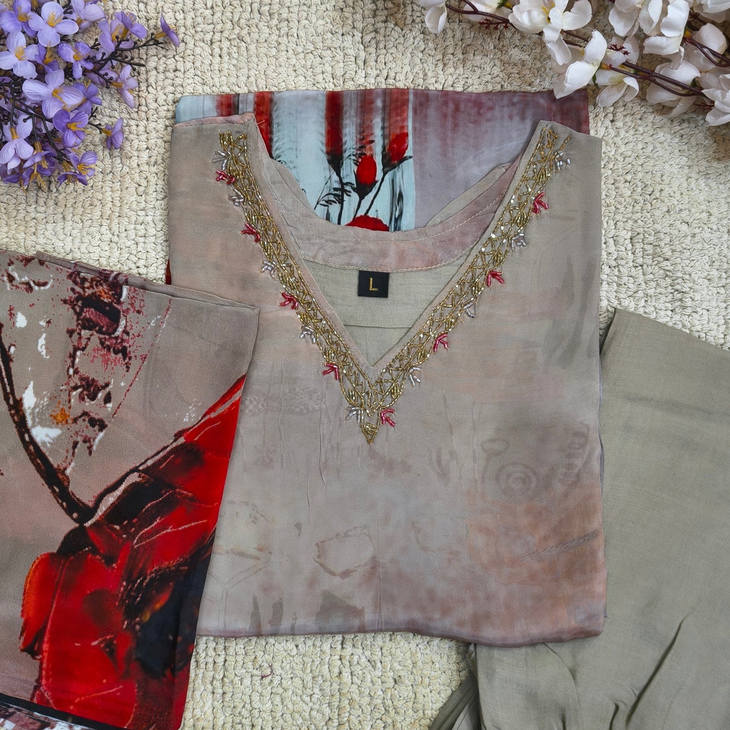 Beautiful Crepe Set with Printed Unique Design and Hand work