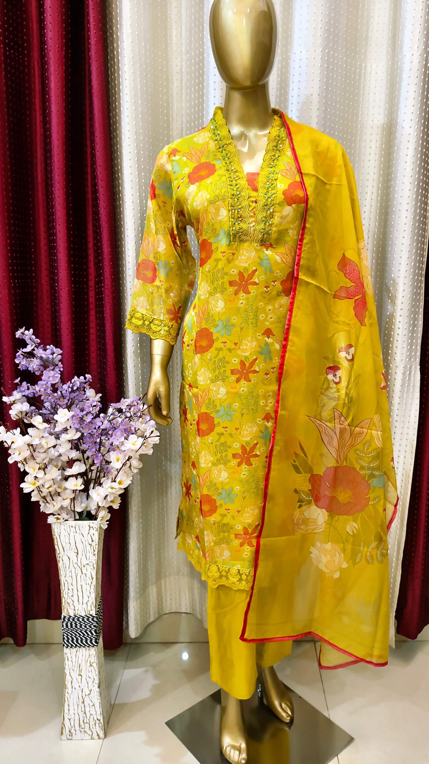 Pure Organza Suit with Floral print and Hand Work