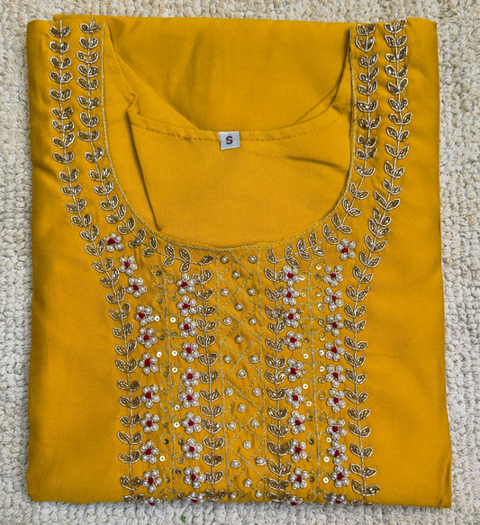 Beautiful Yellow Cotton Silk Kurta with Organza Silk Dupatta