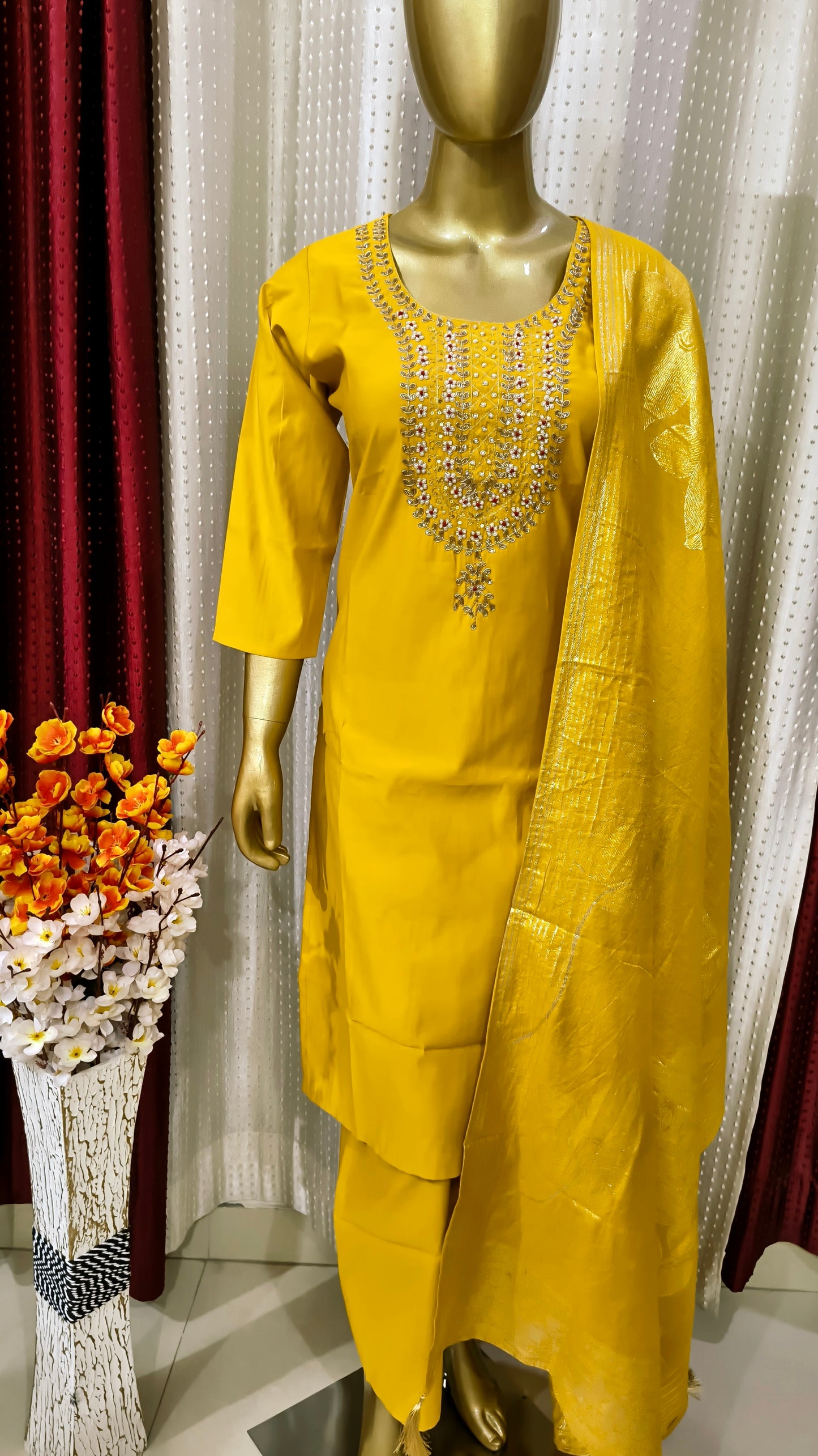 Beautiful Yellow Cotton Silk Kurta with Organza Silk Dupatta