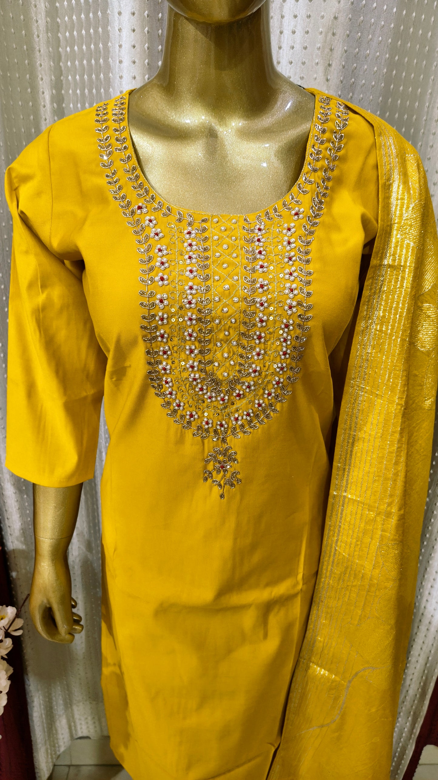 Beautiful Yellow Cotton Silk Kurta with Organza Silk Dupatta
