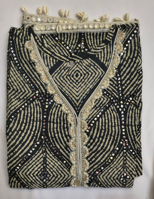 Beautiful Party Wear Set Floral Printed with Cowrie Latkan and full Mirror Embroidery and Rivet Moti with Dupatta