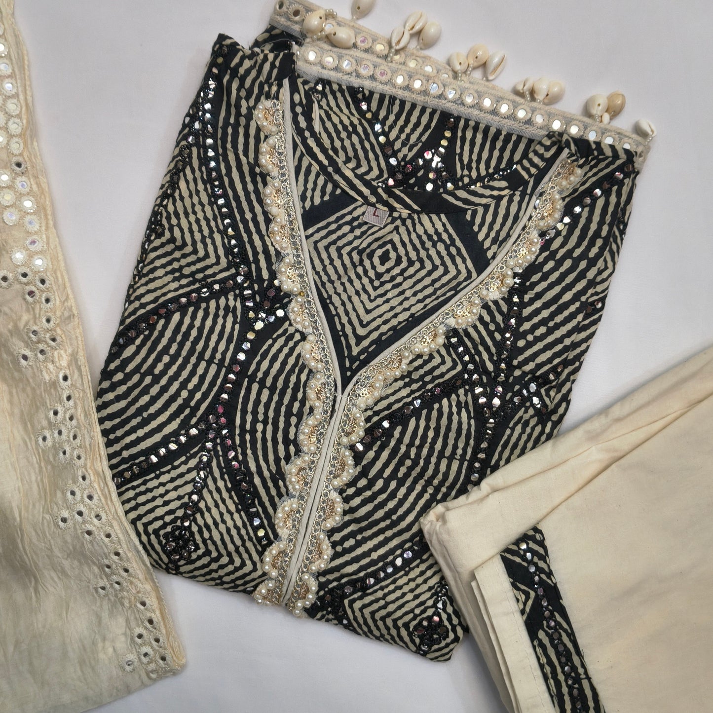 Beautiful Party Wear Set Floral Printed with Cowrie Latkan and full Mirror Embroidery and Rivet Moti with Dupatta