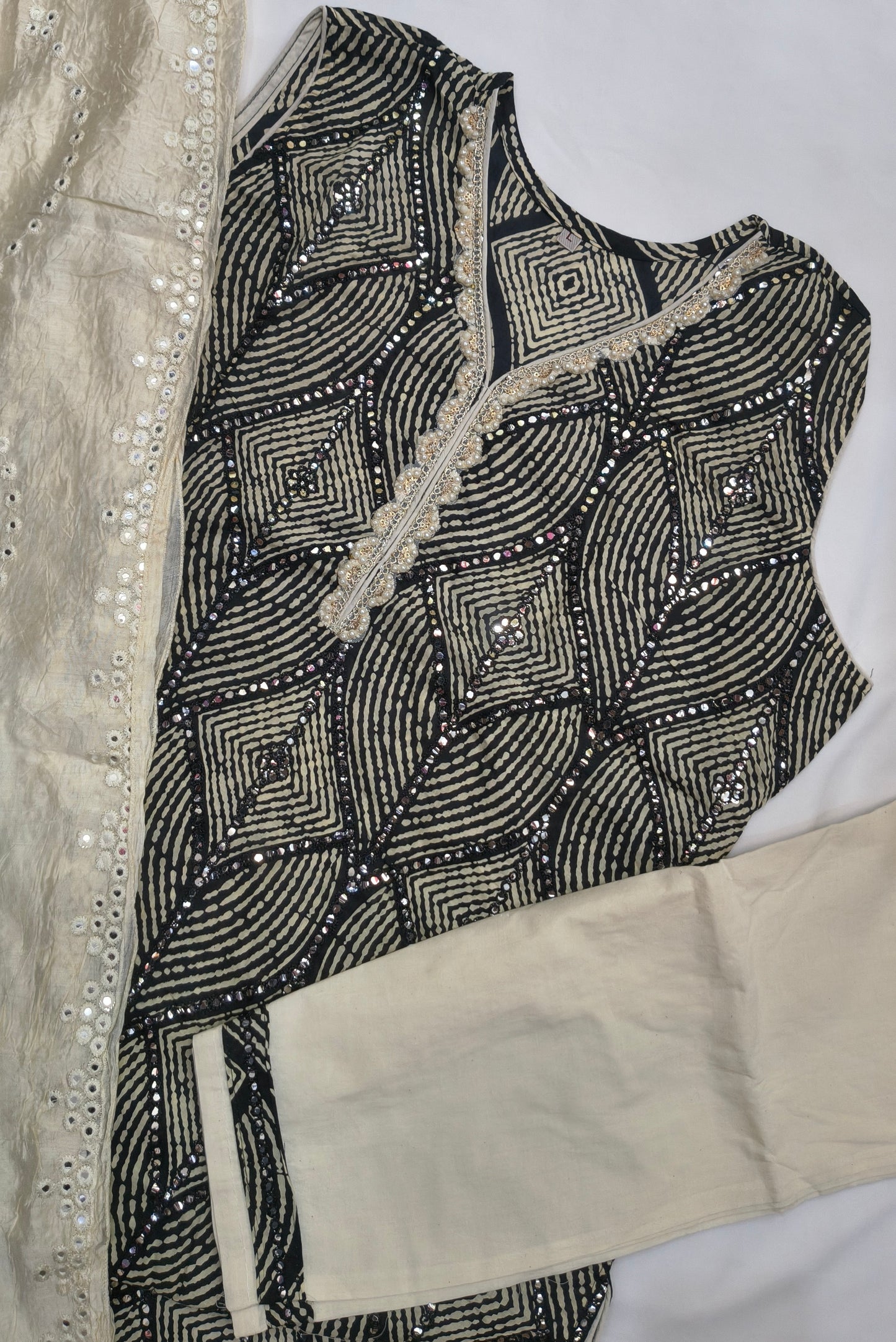 Beautiful Party Wear Set Floral Printed with Cowrie Latkan and full Mirror Embroidery and Rivet Moti with Dupatta