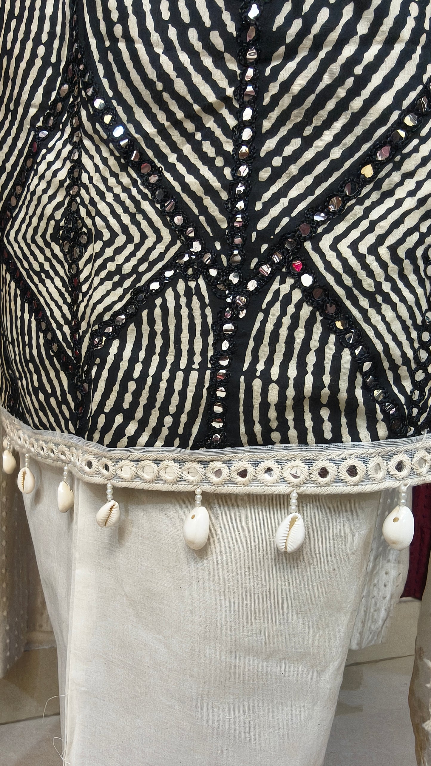 Beautiful Party Wear Set Floral Printed with Cowrie Latkan and full Mirror Embroidery and Rivet Moti with Dupatta