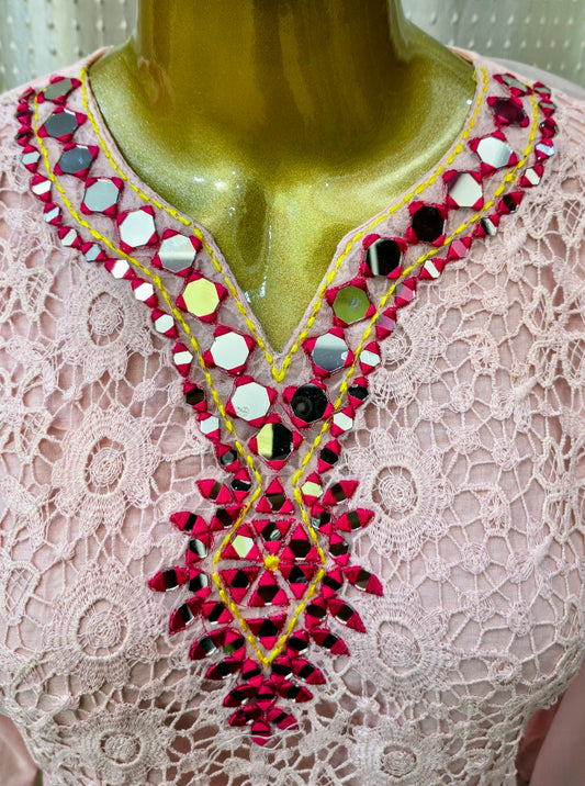 Beautiful Crosia Pink shade suit with Mirror work and hand brush painted flowers