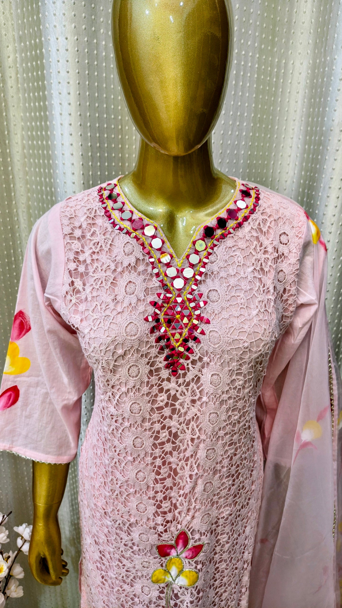 Beautiful Crosia Pink shade suit with Mirror work and hand brush painted flowers