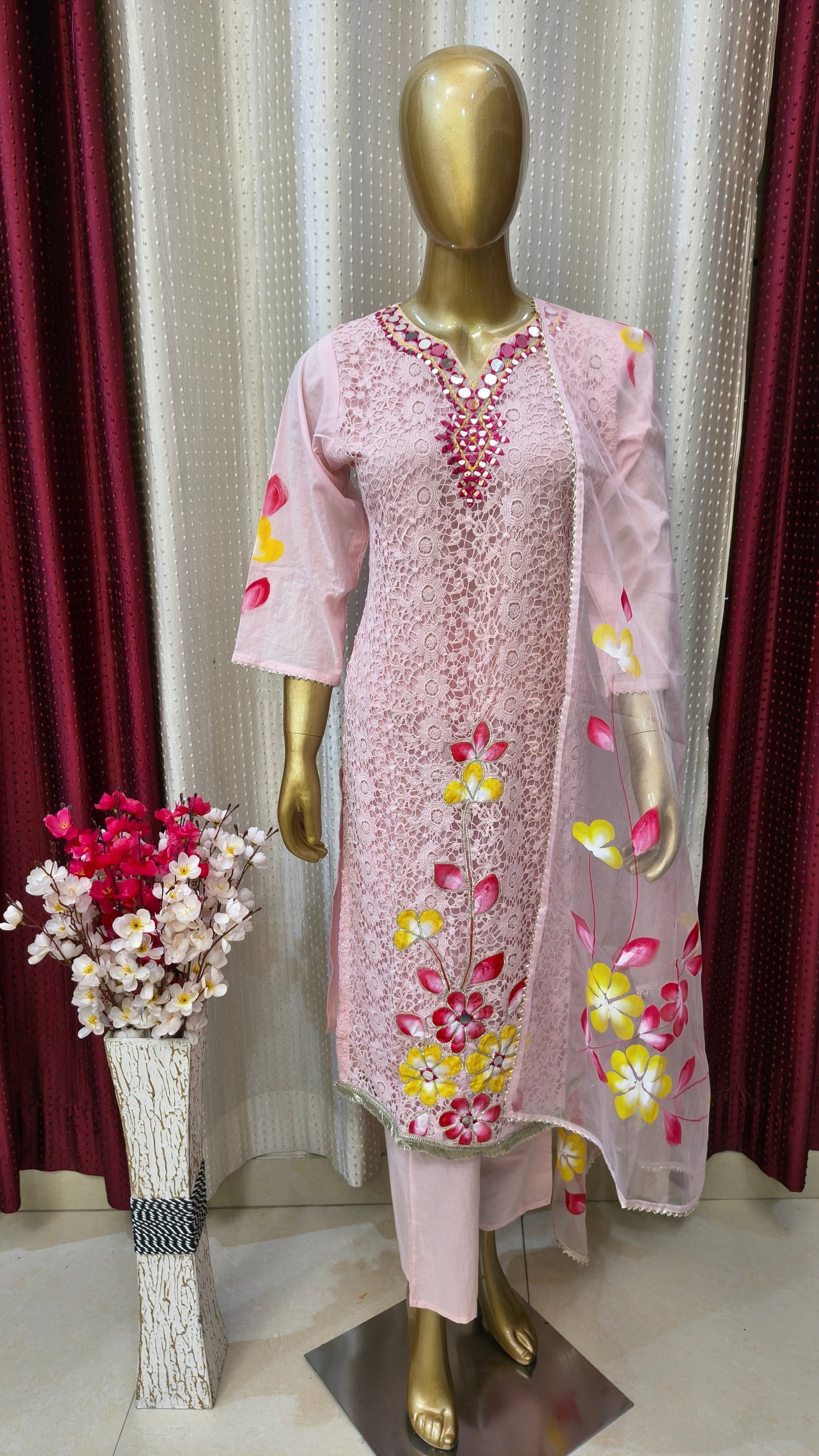 Beautiful Crosia Pink shade suit with Mirror work and hand brush painted flowers