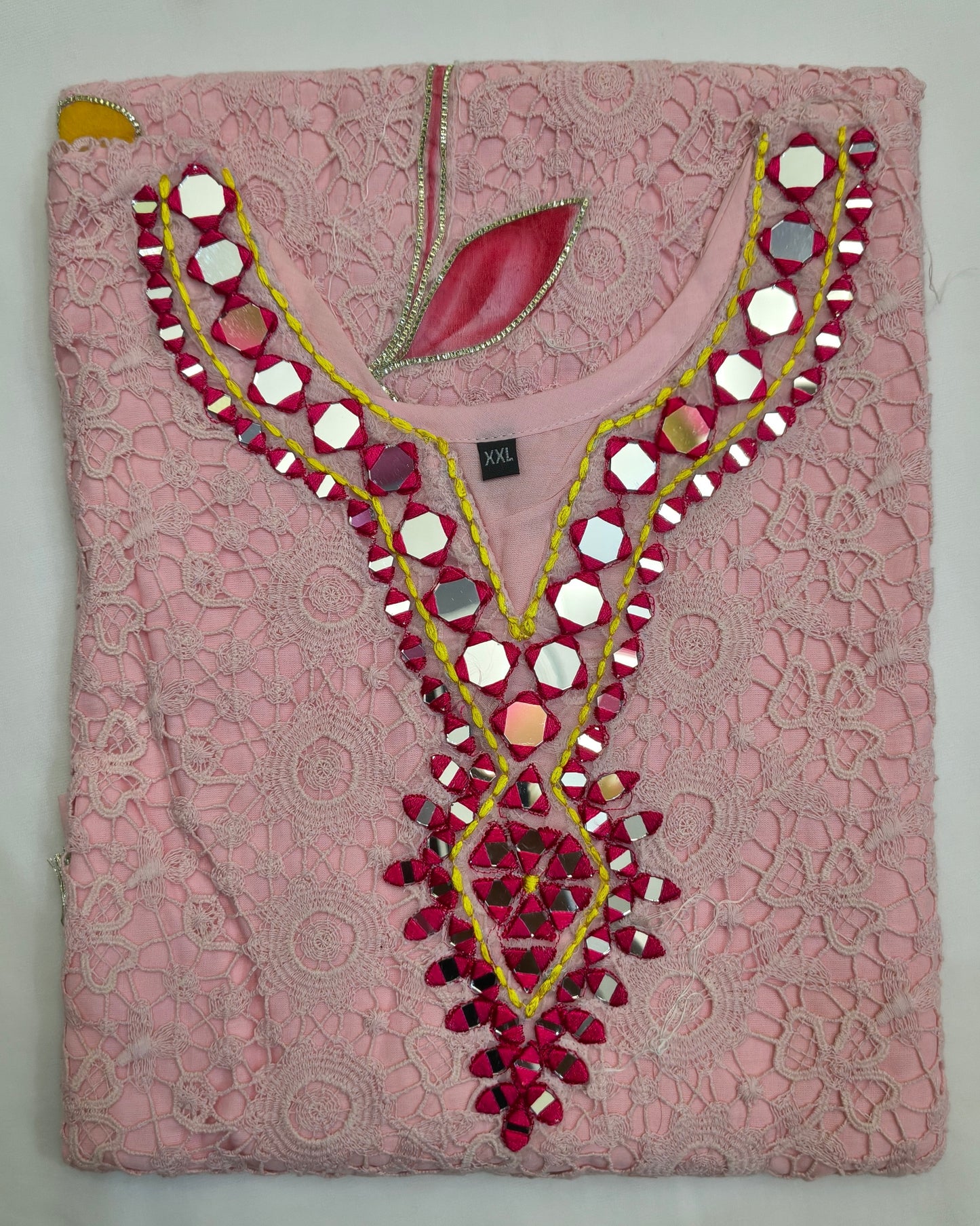 Beautiful Crosia Pink shade suit with Mirror work and hand brush painted flowers