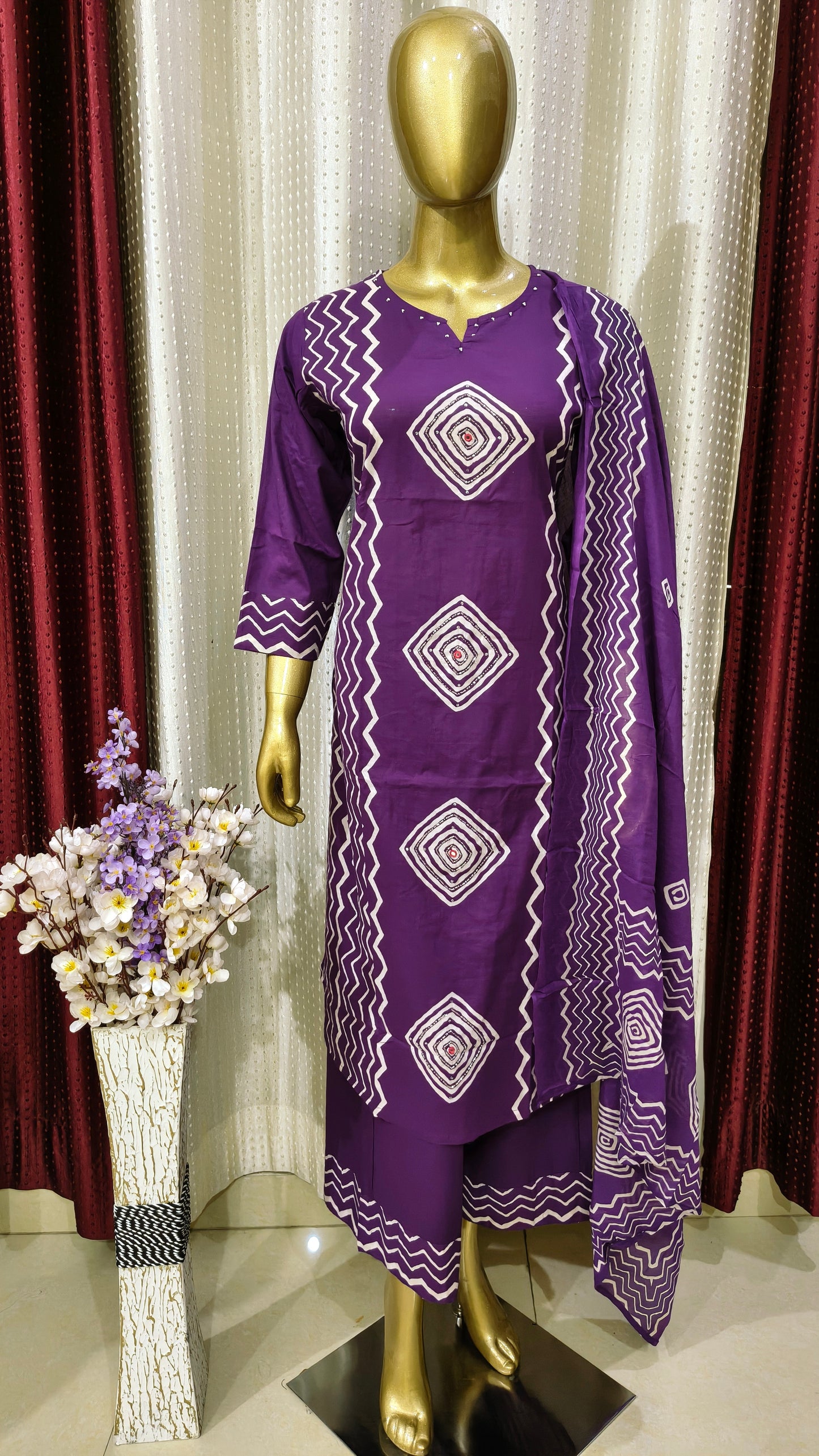 Pure cotton Palazzo Suit with Geometrical Printed Design and Hand work