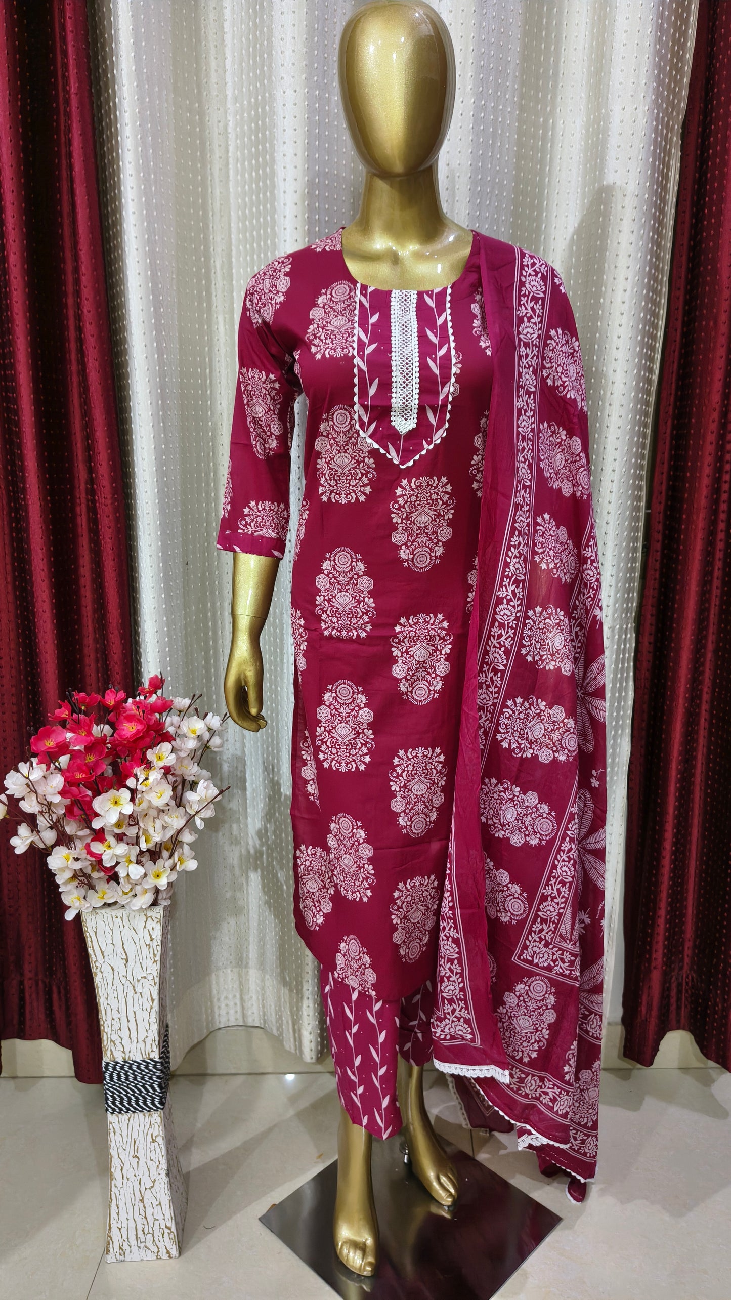 Maroon Pure cotton suit with Chikankari printed design