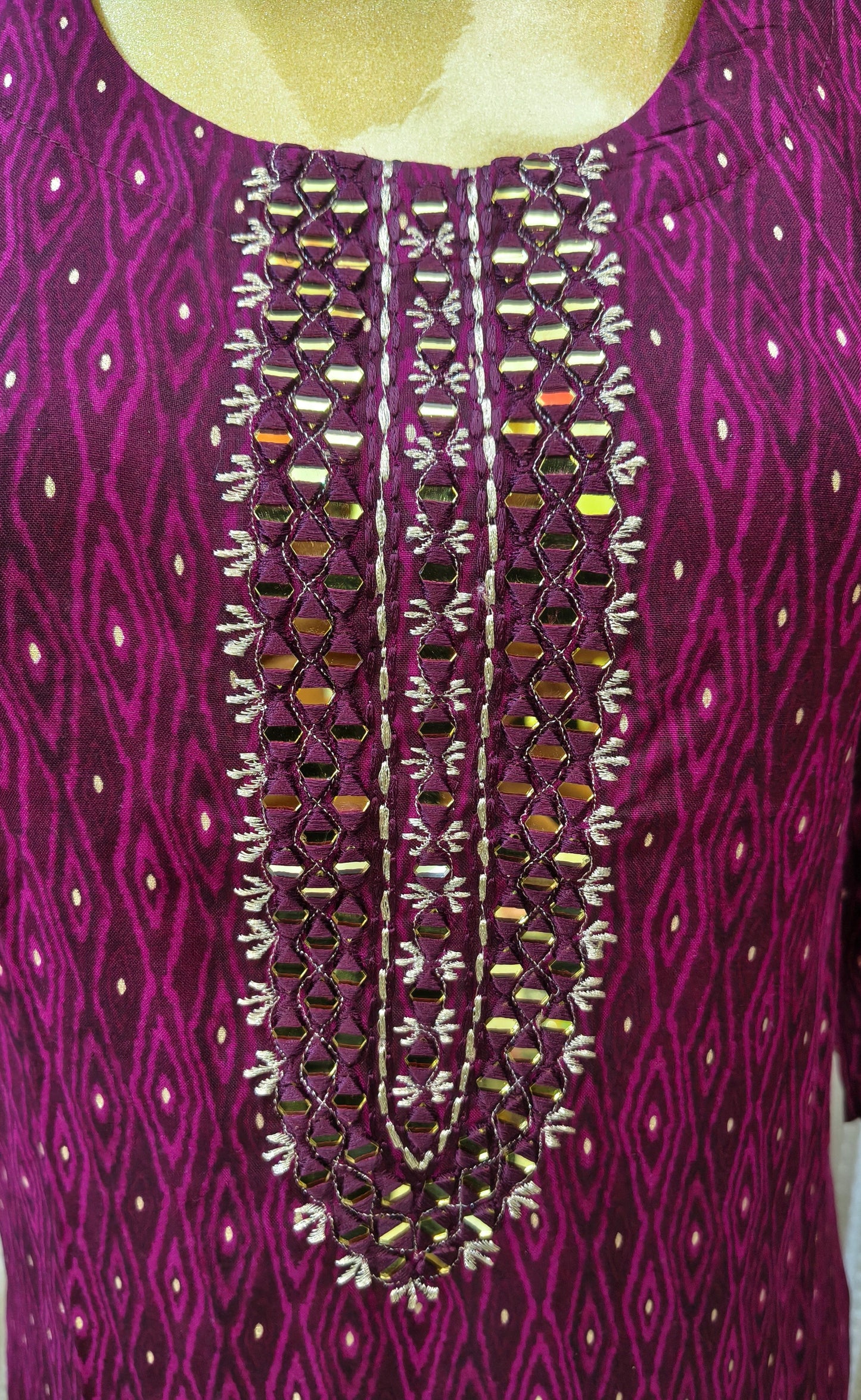 Party Wear Purple Wine cotton suit with golden mirror work