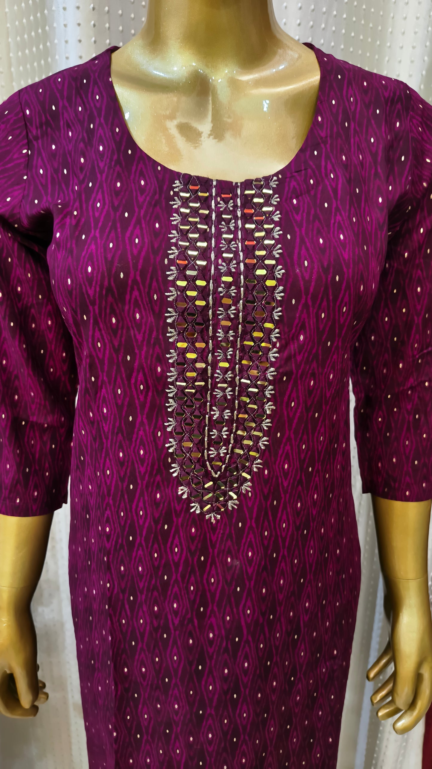 Party Wear Purple Wine cotton suit with golden mirror work