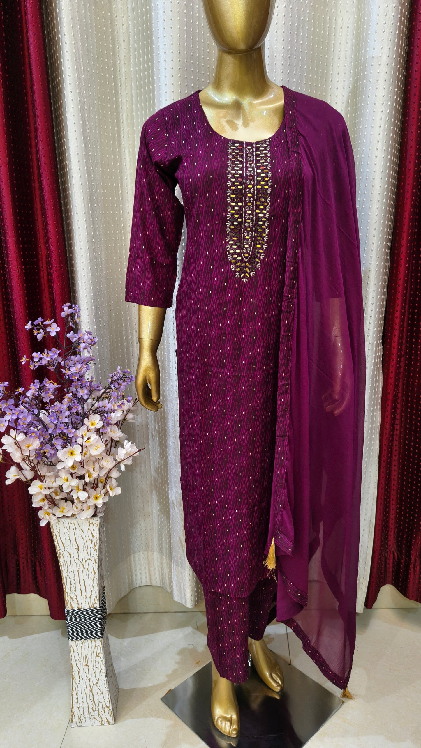 Party Wear Purple Wine cotton suit with golden mirror work