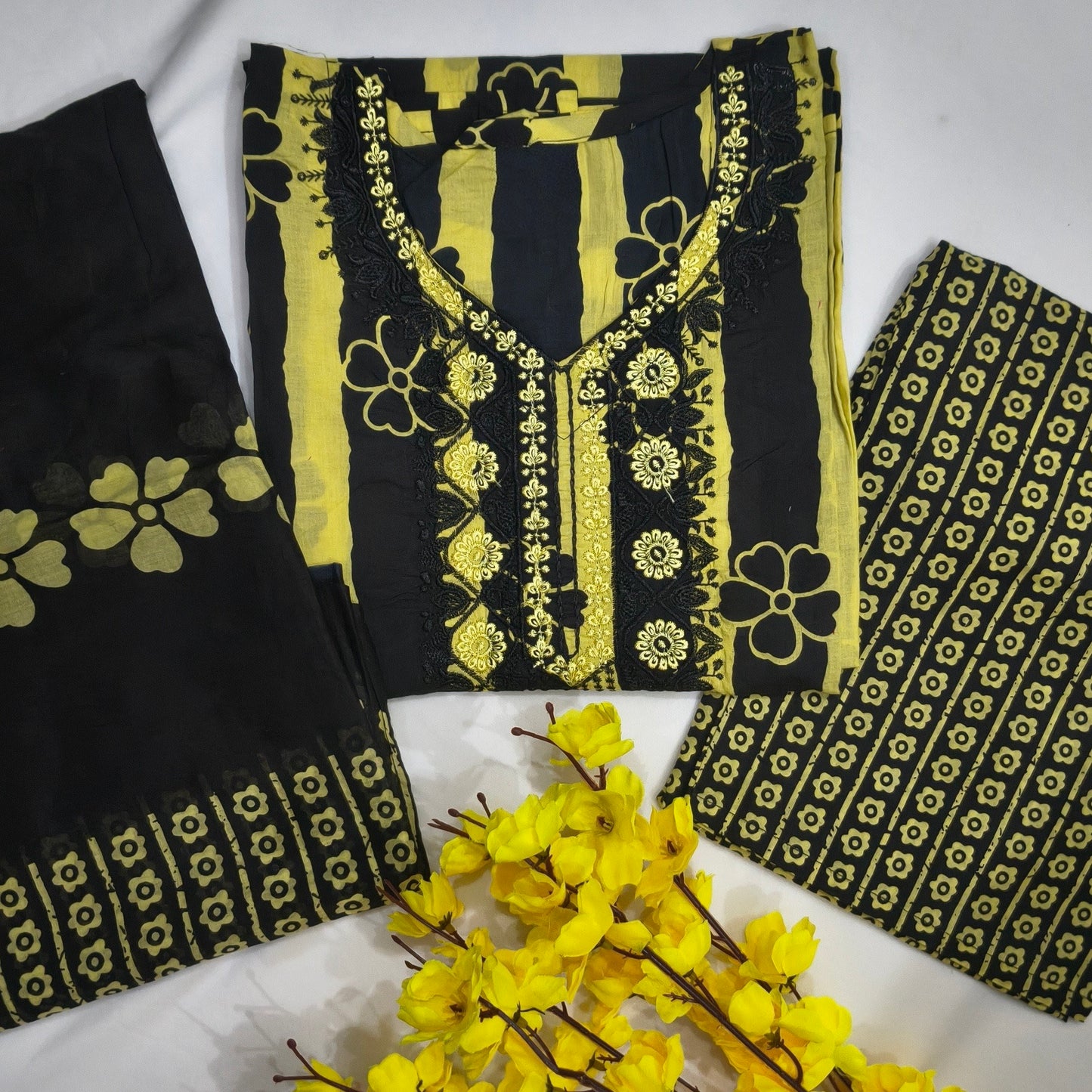 Beautiful cotton set with embroidery and striped and floral print