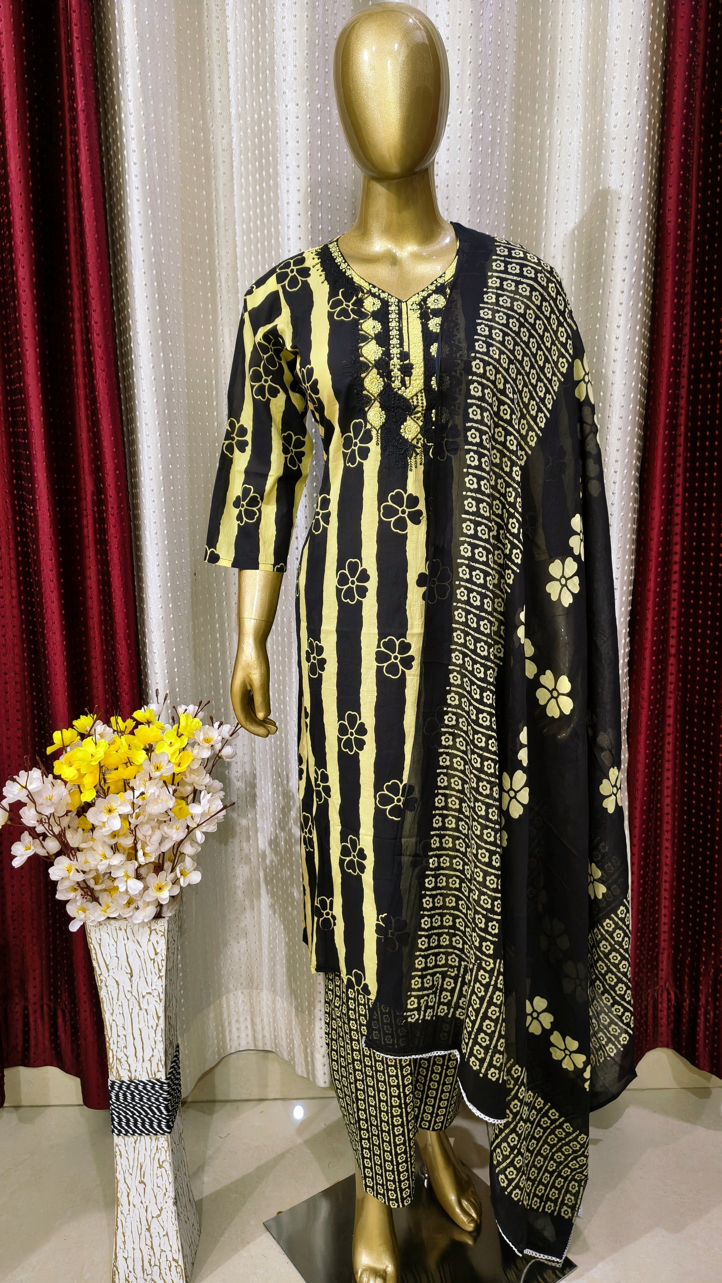 Beautiful cotton set with embroidery and striped and floral print
