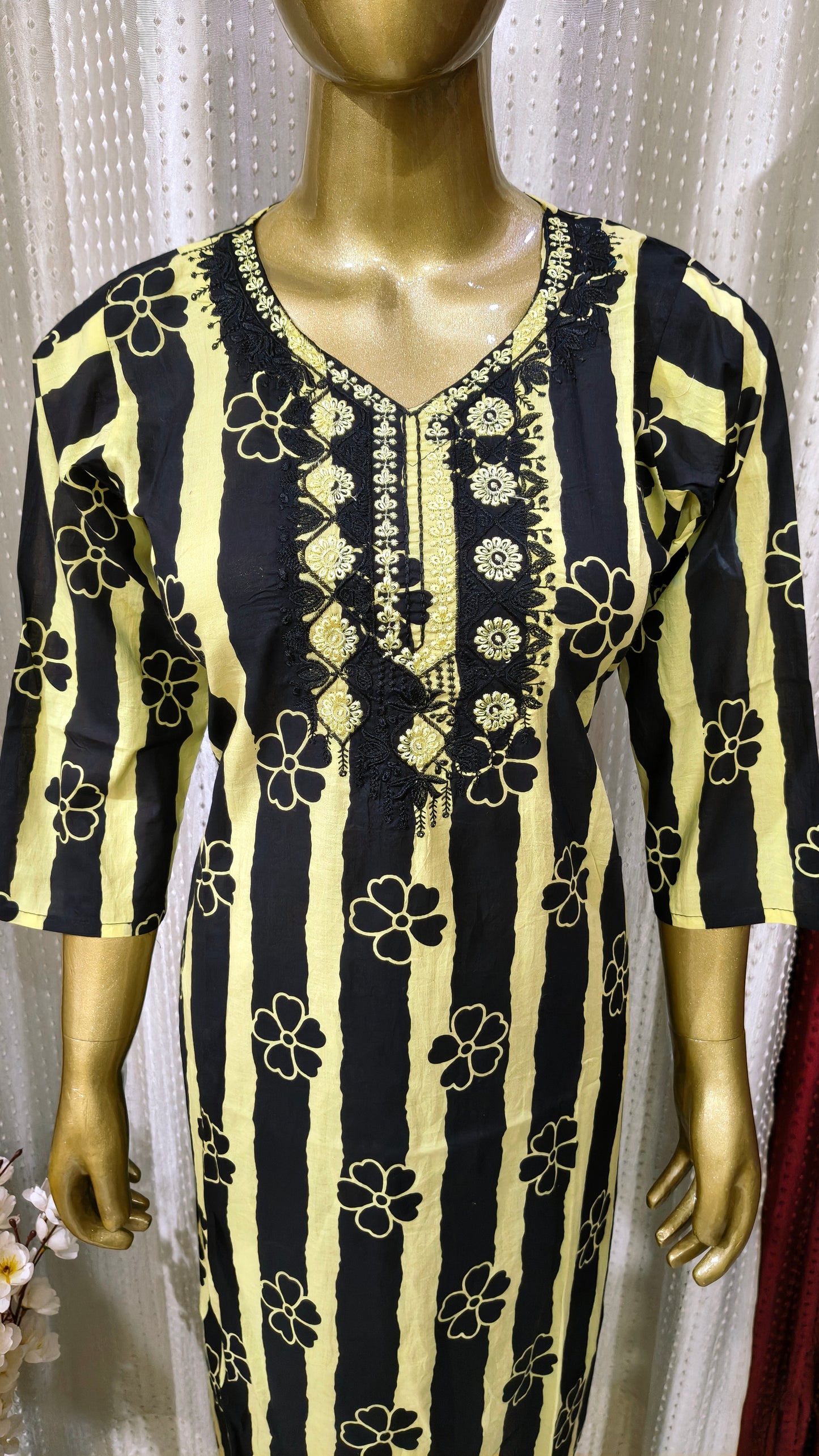 Beautiful cotton set with embroidery and striped and floral print