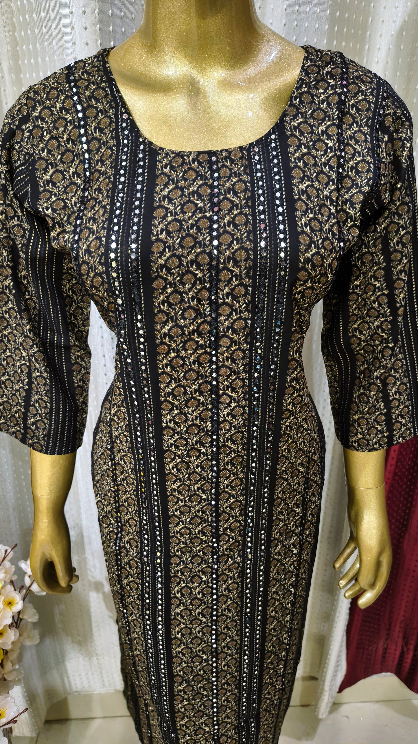 Printed Cotton suit with embroidery lines mirror work