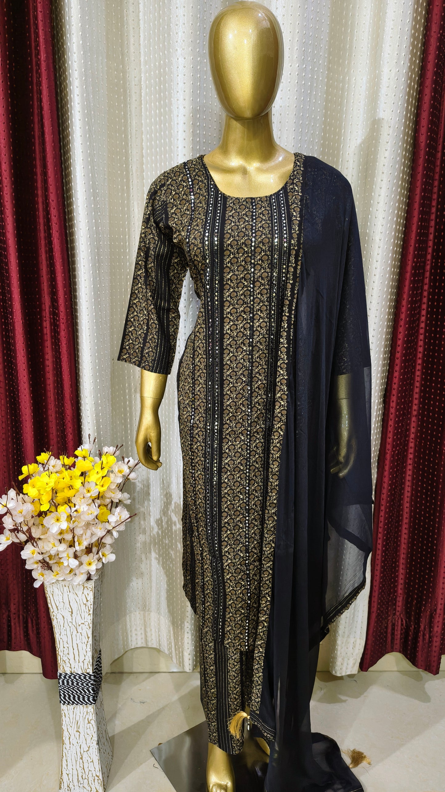 Printed Cotton suit with embroidery lines mirror work