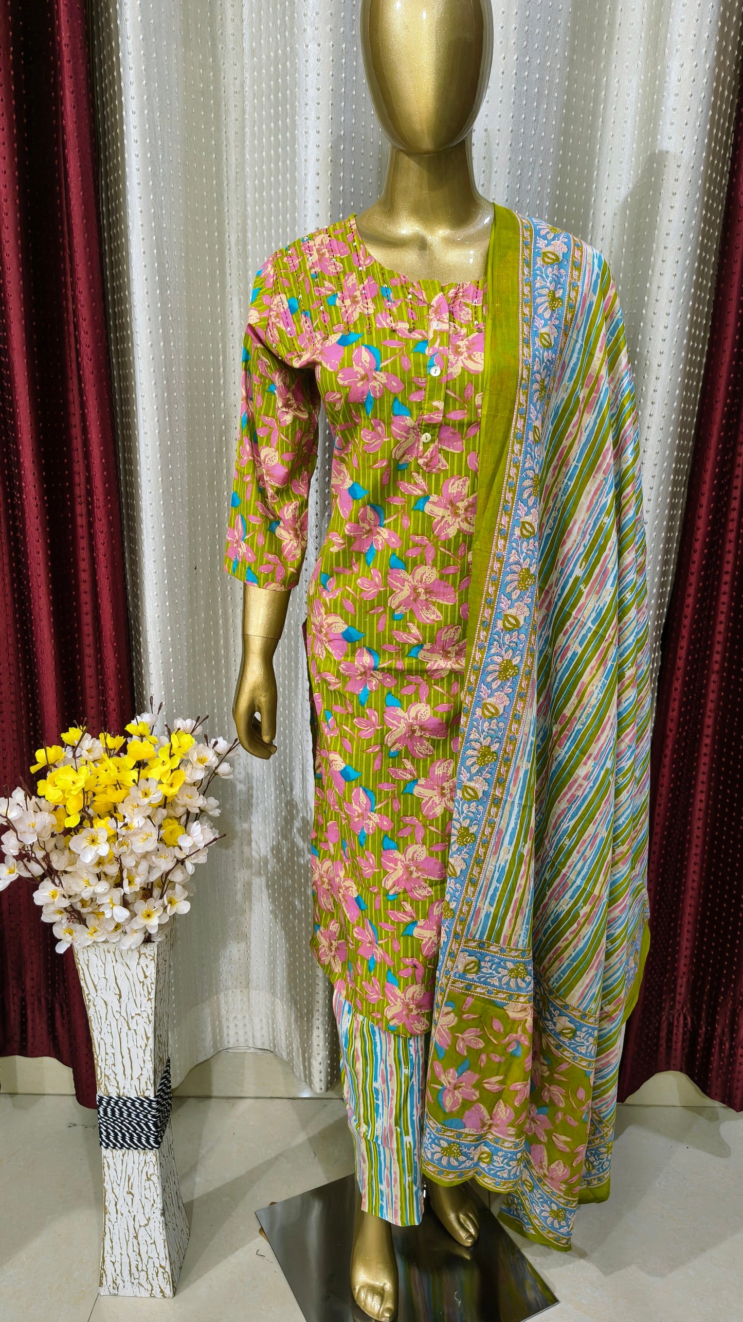 Beautiful Parrot colour Cotton suit with Floral print design