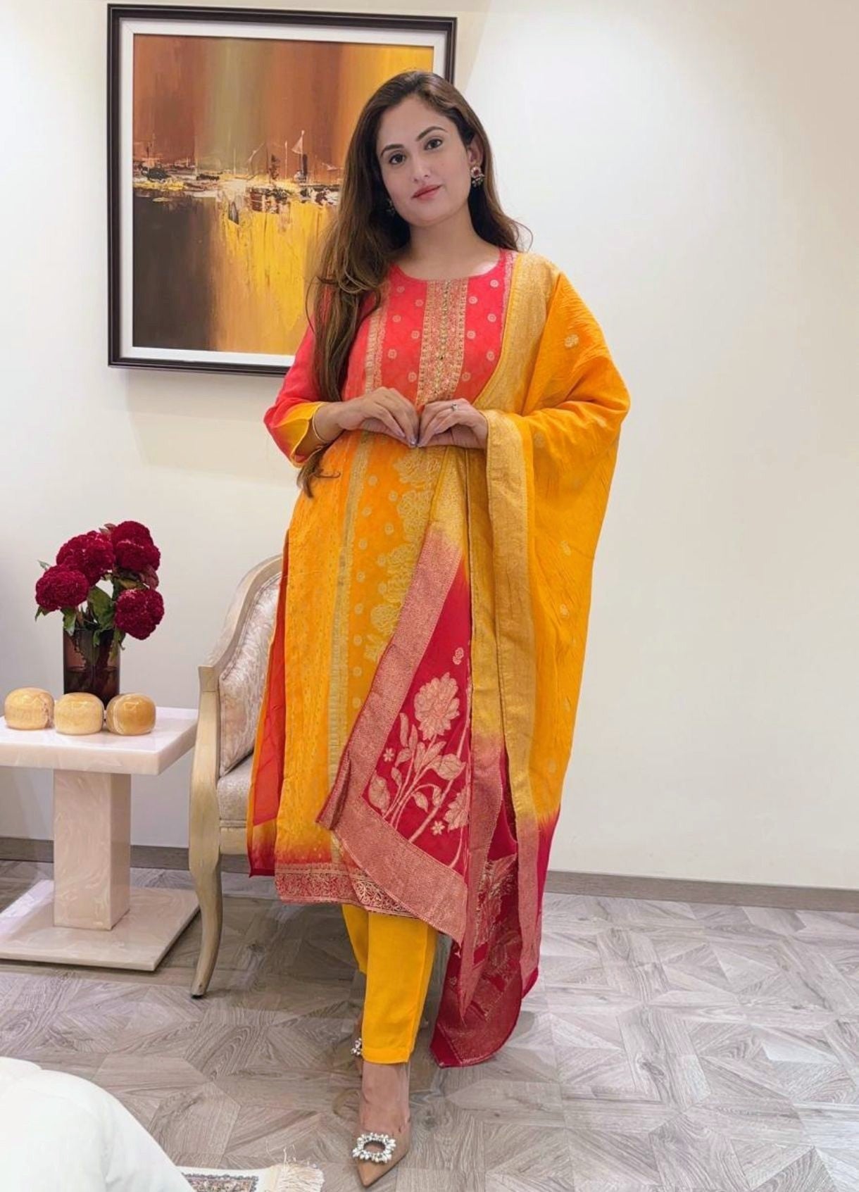 Premium Pure Crepe Yellowish Red Suit