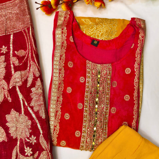 Premium Pure Crepe Yellowish Red Suit