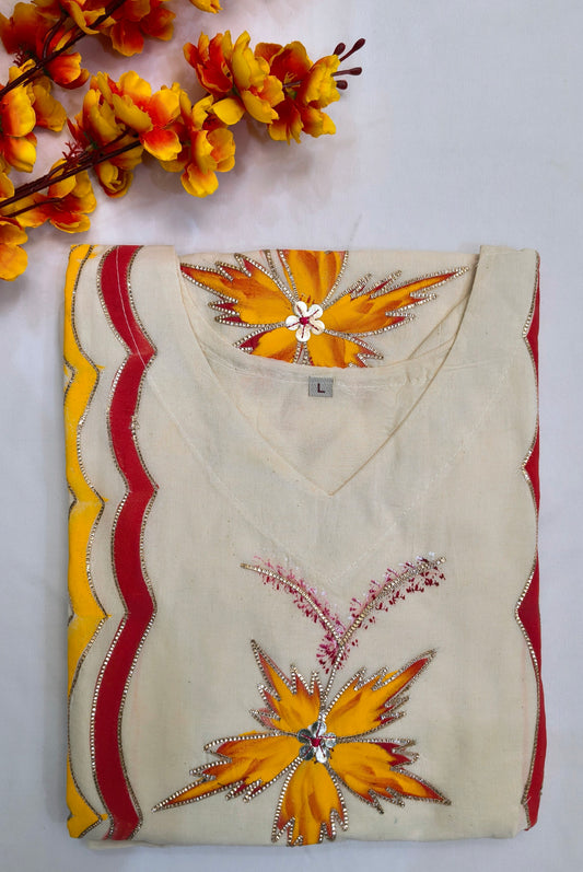 Hand Brush Painted Salwar Suit with Beautiful Flowers with Gold Borders
