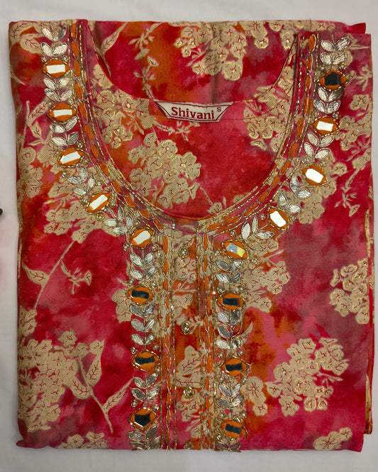 Botanical Pattern Pink and Orange Ombre Shade Mirror Work Suit