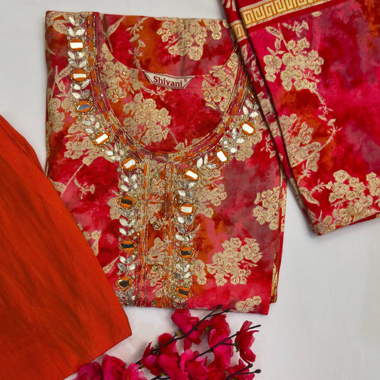 Botanical Pattern Pink and Orange Ombre Shade Mirror Work Suit