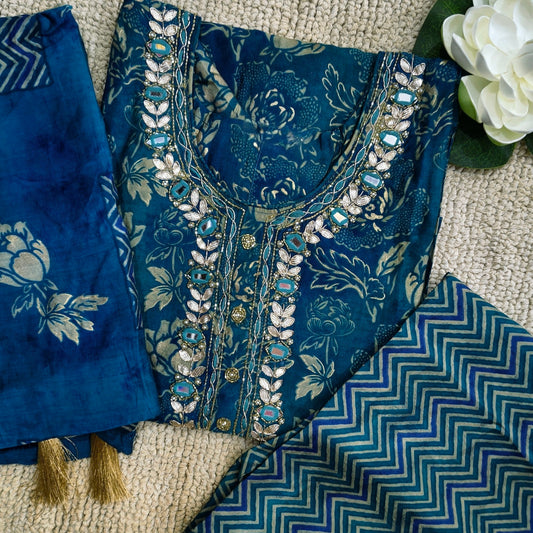 Botanical Pattern Blue Floral Print with Beautiful Embroidery Mirror work Suit